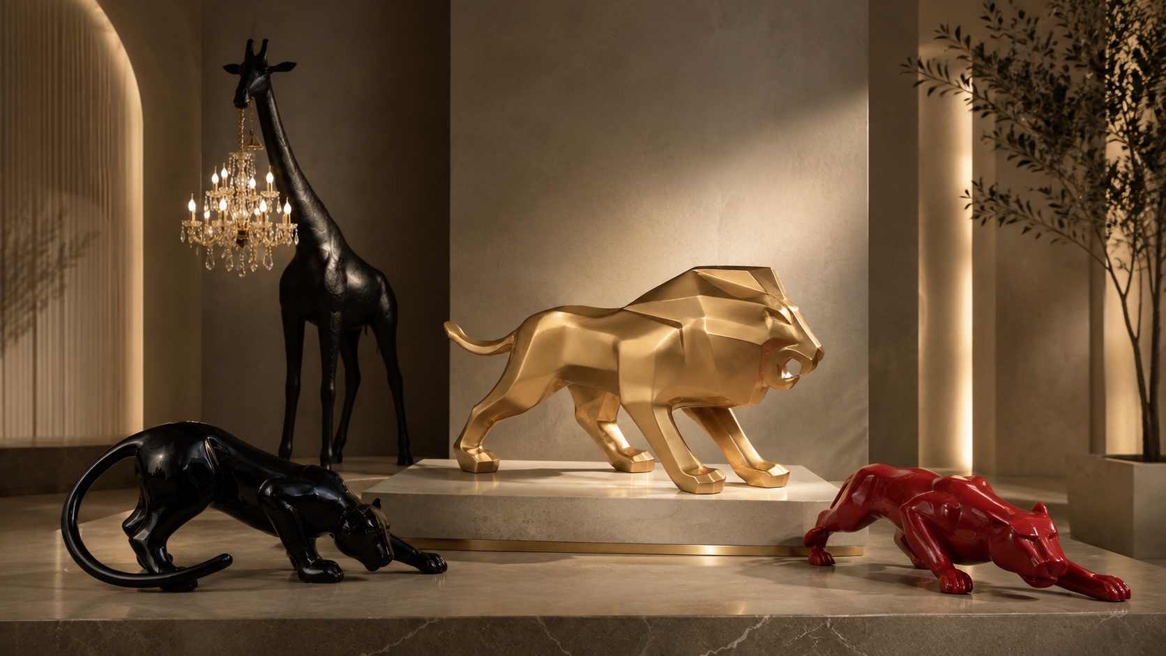 Galeria Prestige com Panthera preta, girafa preta, leão dourado e Panthera vermelha